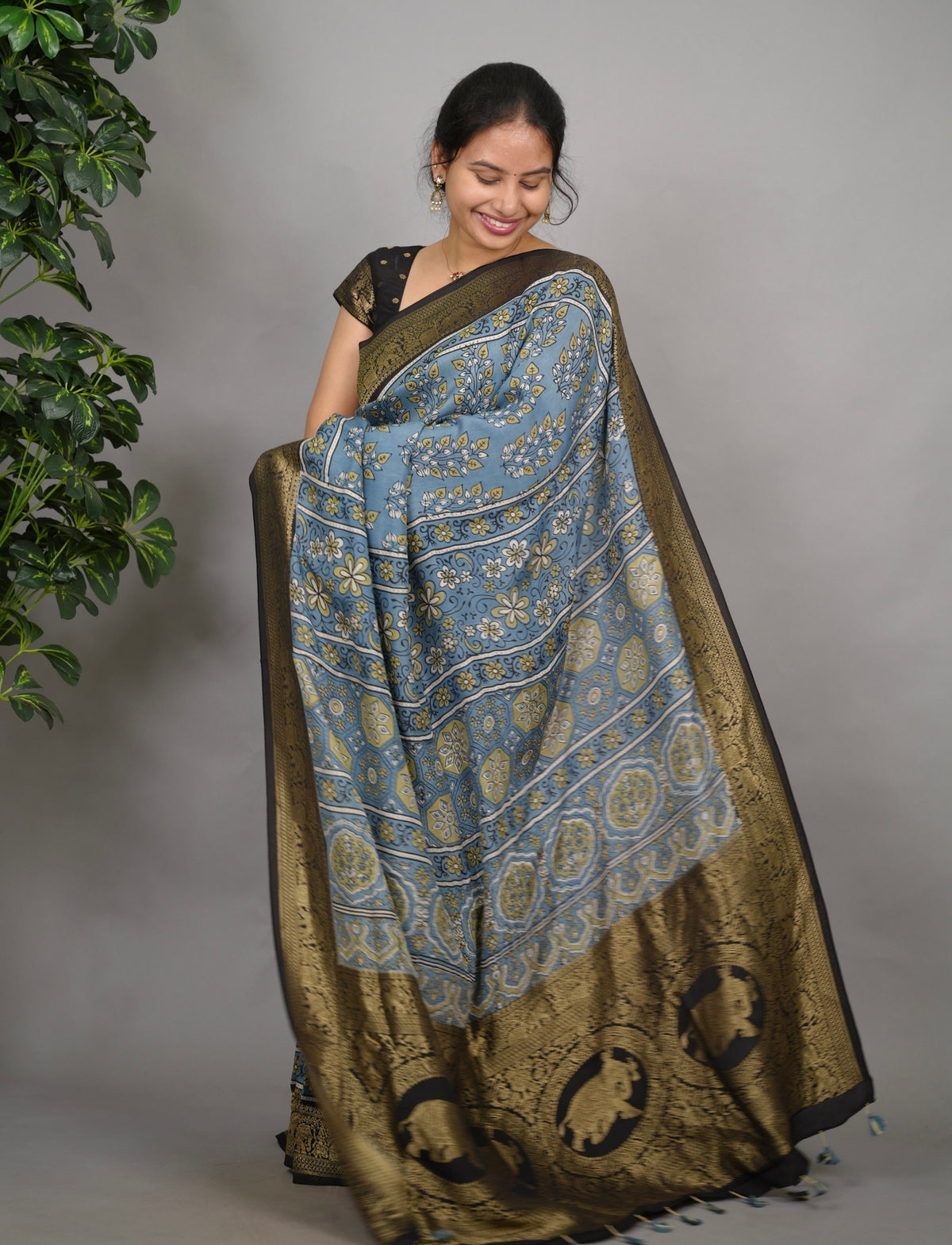 Ajrakh Dola Silk Saree - Blue | Looms & Tassels