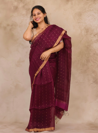 Wine Handwoven Muslin Silk Saree With Sequence Work | Looms & Tassels