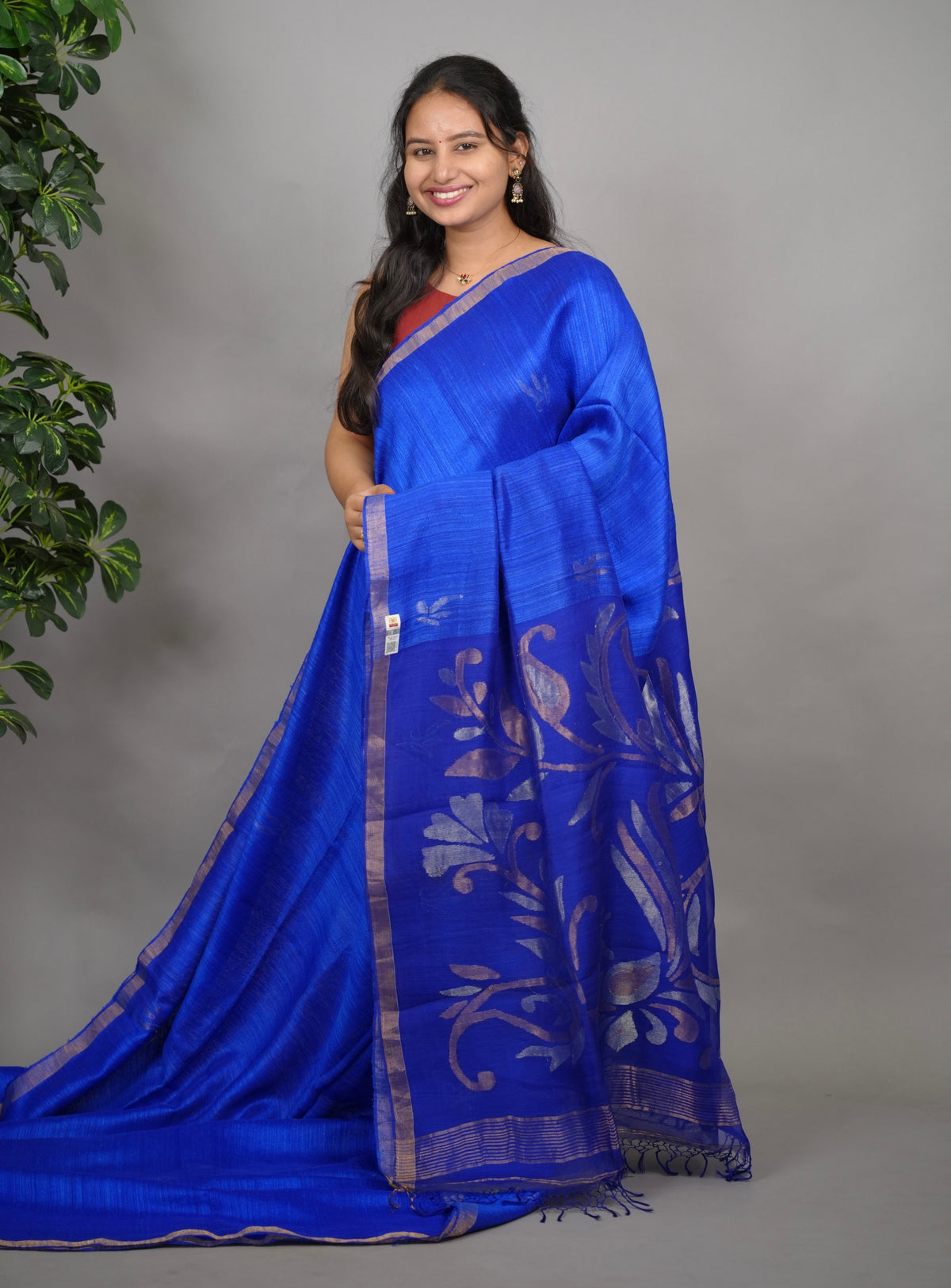 Blue Handloom Jamdhani Pure Matka Silk Saree with Muslin Silk Pallu