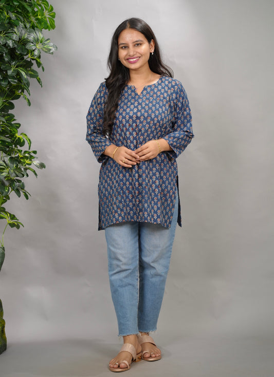 Indigo Ajrakh Hand Block Printed Short Top | Looms & Tassels