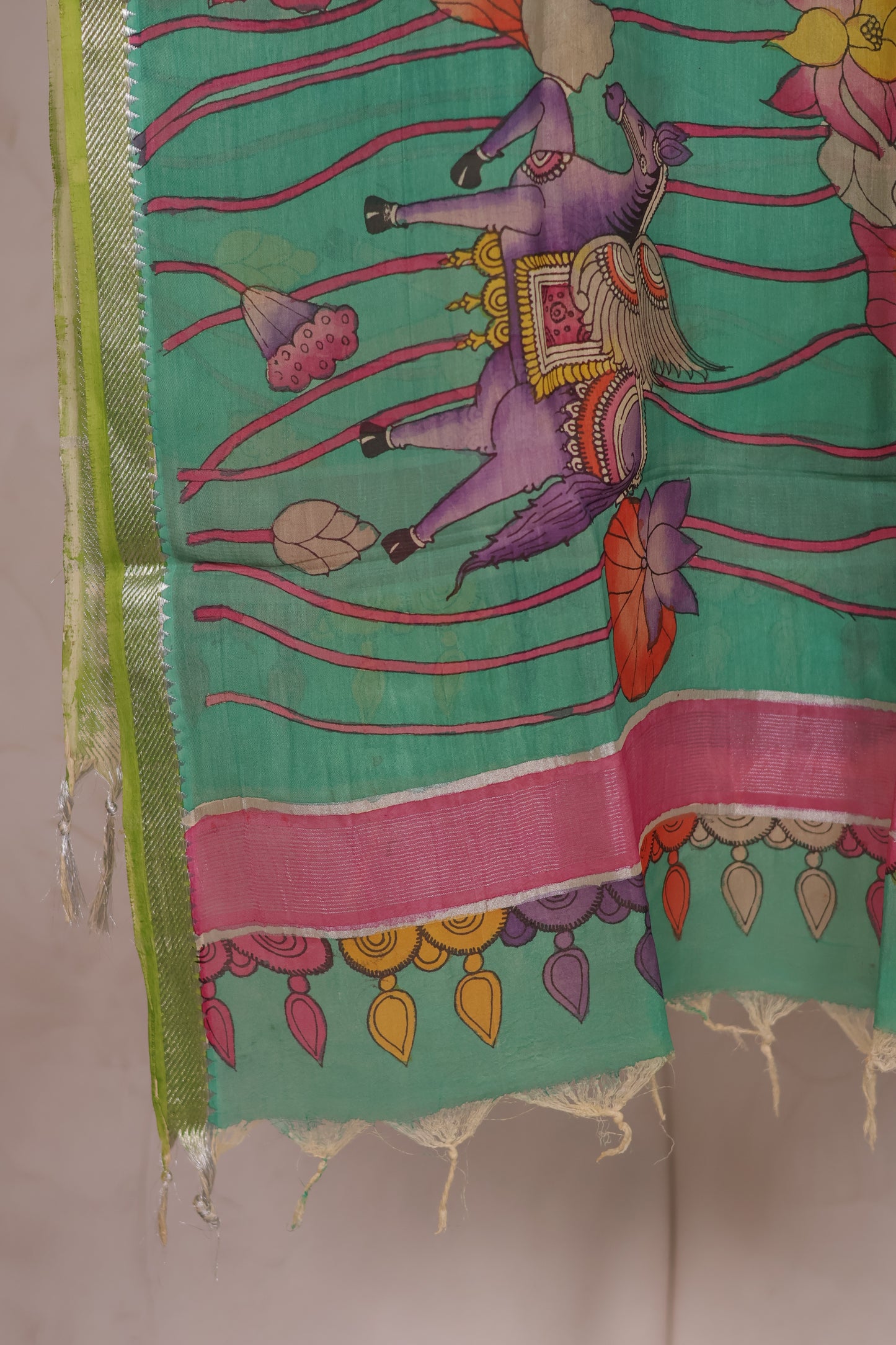 Sea Green Pen Kalamkari Mangalagiri silk Dupatta