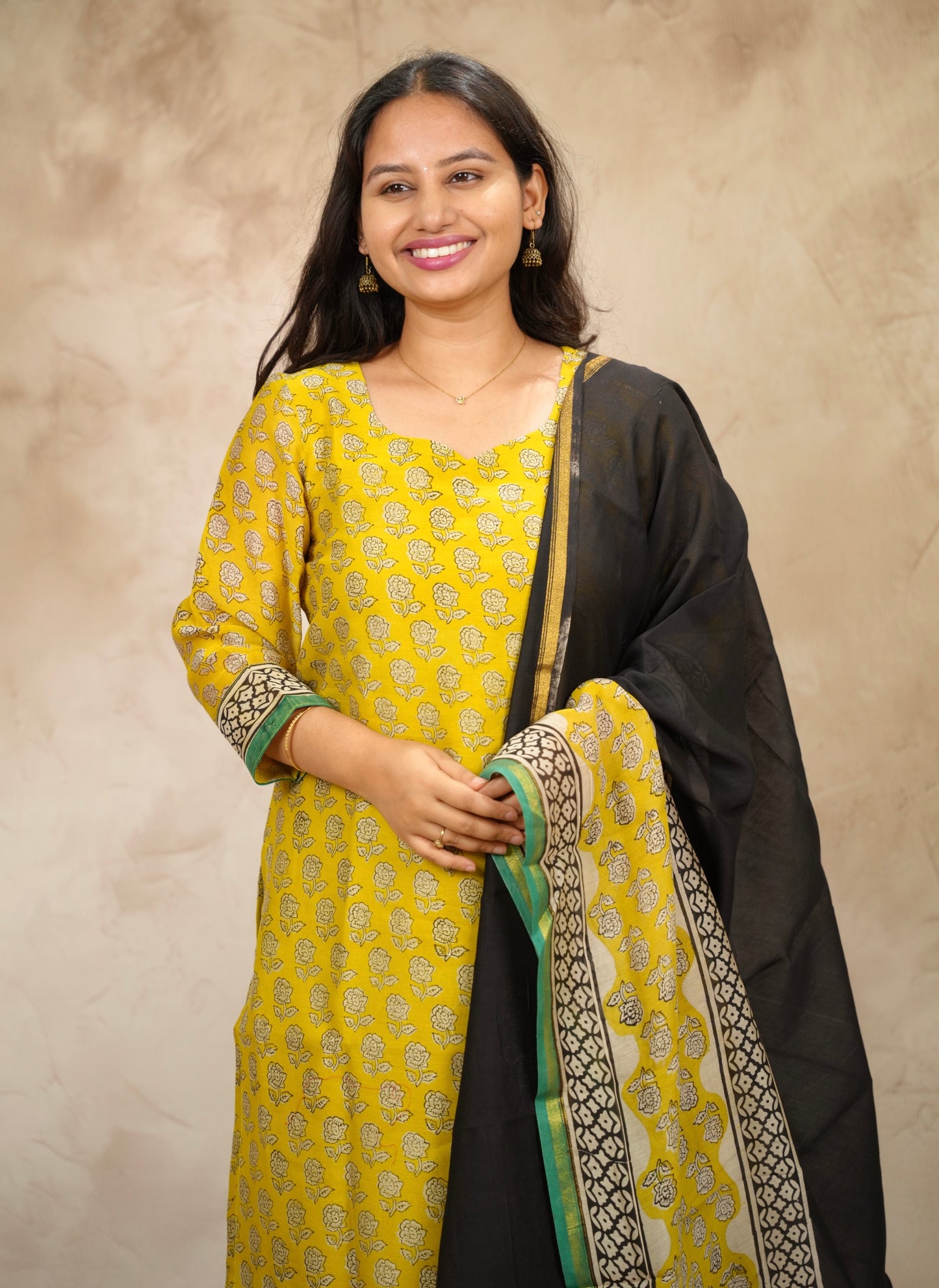 Yellow Handblock printed Pure Chenderi Silk 3 piece suit (stitched) |  Looms & Tassels