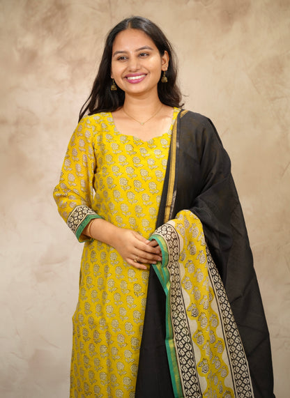 Yellow Handblock printed Pure Chenderi Silk 3 piece suit (stitched) |  Looms & Tassels