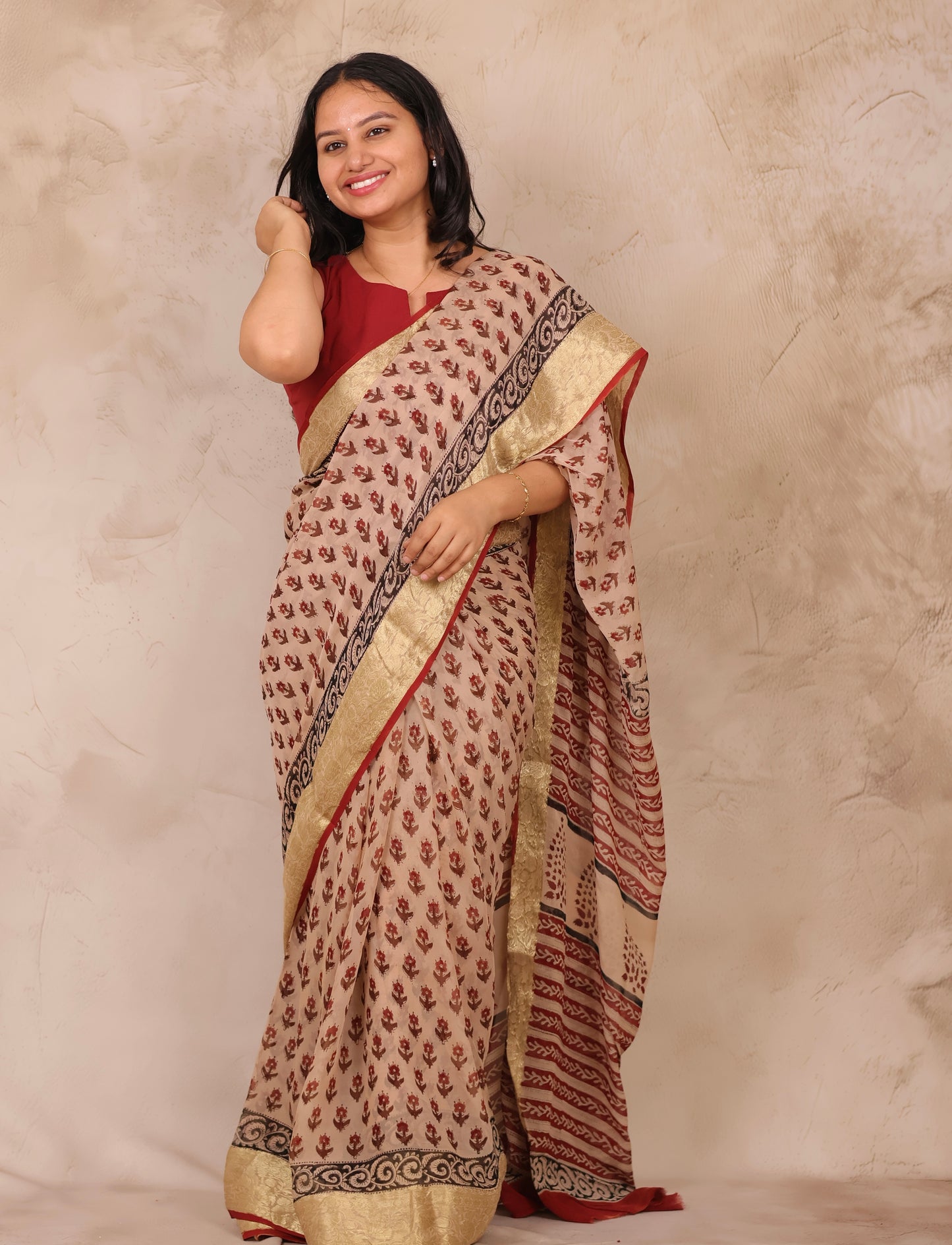 Cream Chiffon Hand Block Printed Saree with Jari Border | Looms & Tassels