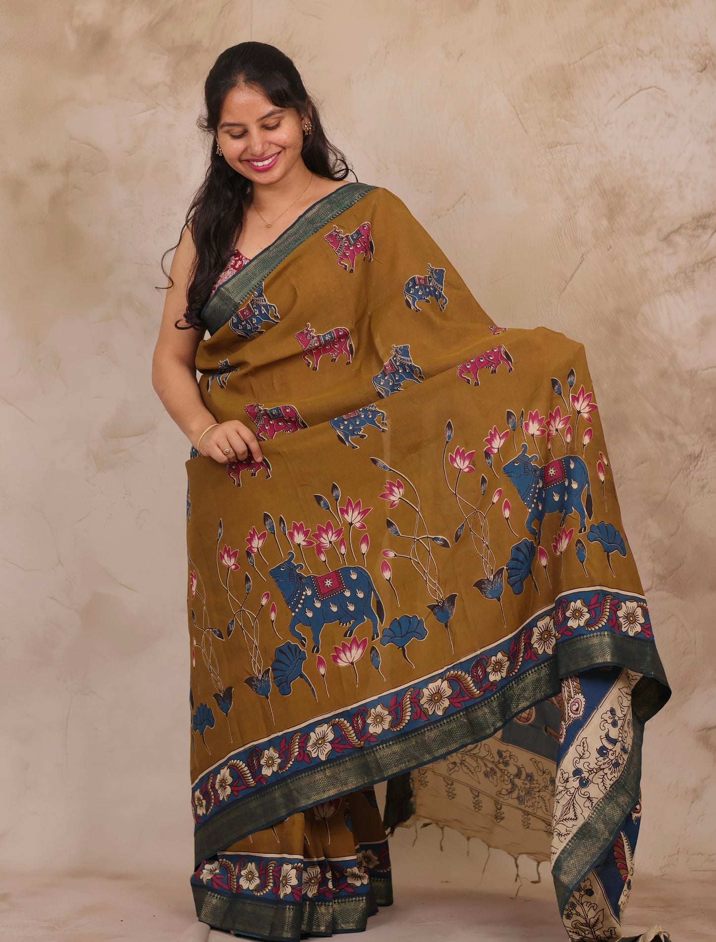 Mustard Kalamkari Nizam Border Chennur Silk Saree | Looms & Tassels