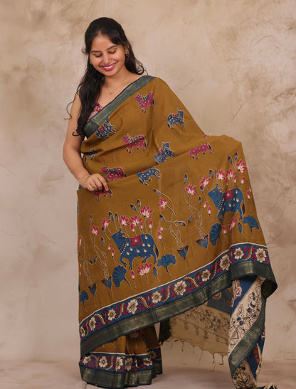 Mustard Kalamkari Nizam Border Chennur Silk Saree | Looms & Tassels