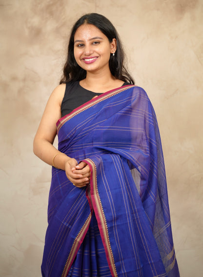 Blue Narayanpet Cotton Saree lines weaving | Looms & Tassels