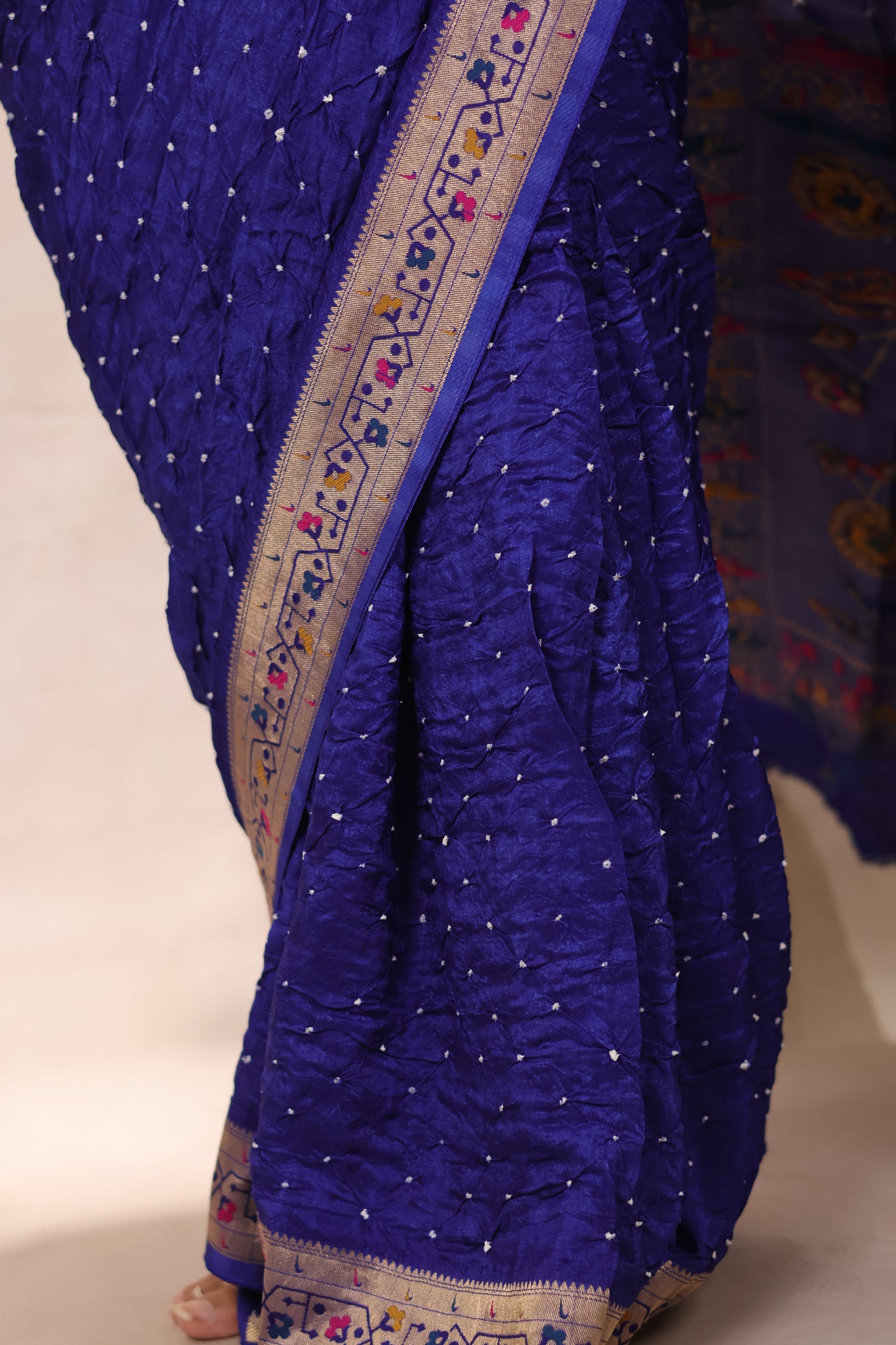 Blue Handcrafted Bandhani Paithani Dola Silk Saree | Looms & Tassels