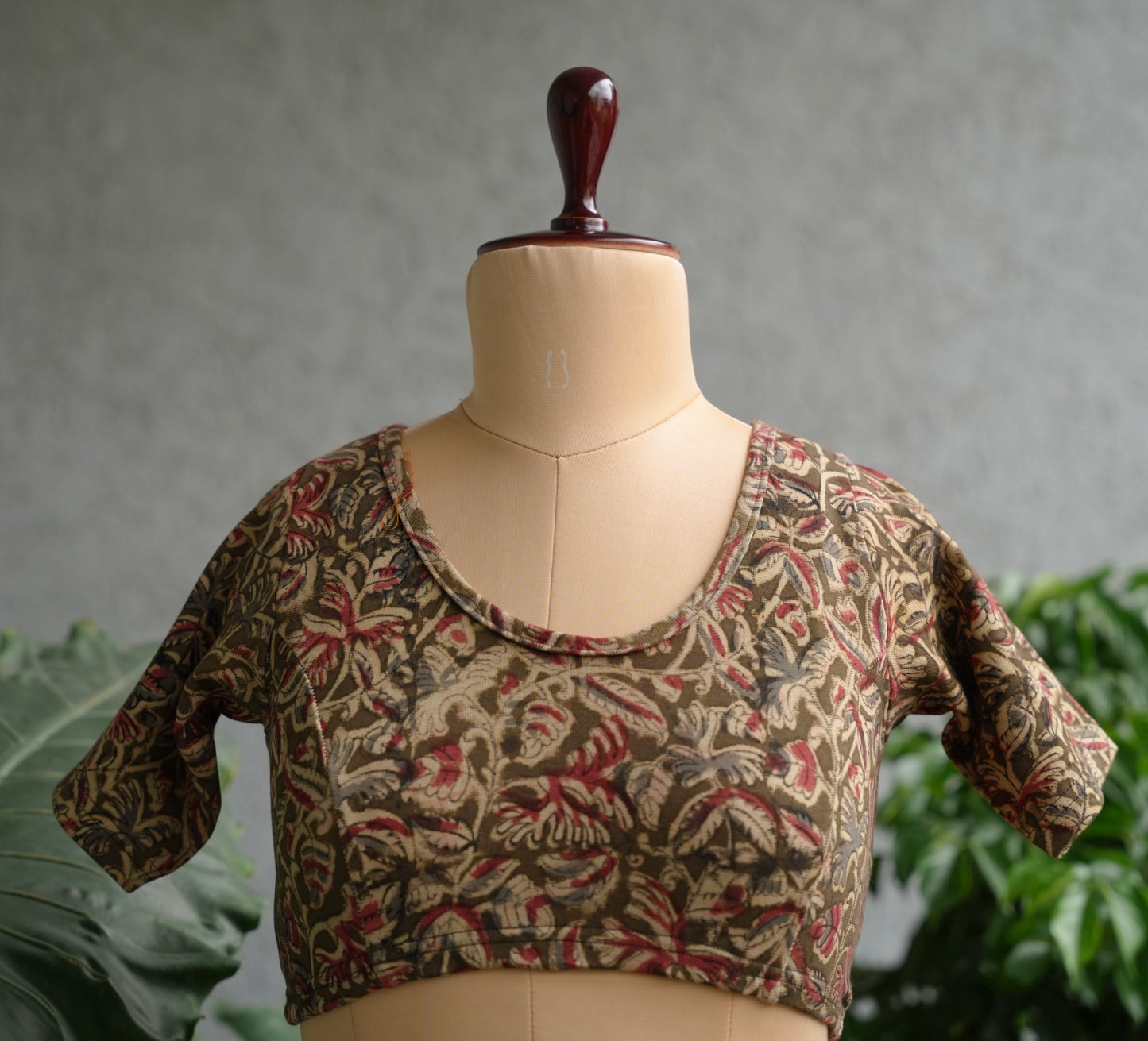 Olive Green Round Neck Stretchable Hand block printed kalamkari blouse