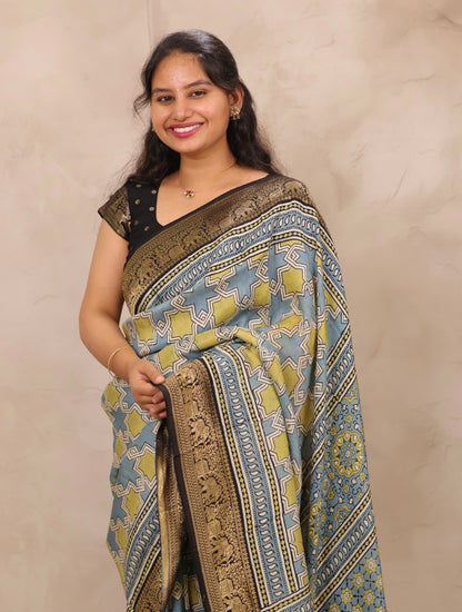 Sky Blue Ajrakh Handblock printed Dola Silk Saree | Looms & Tassels