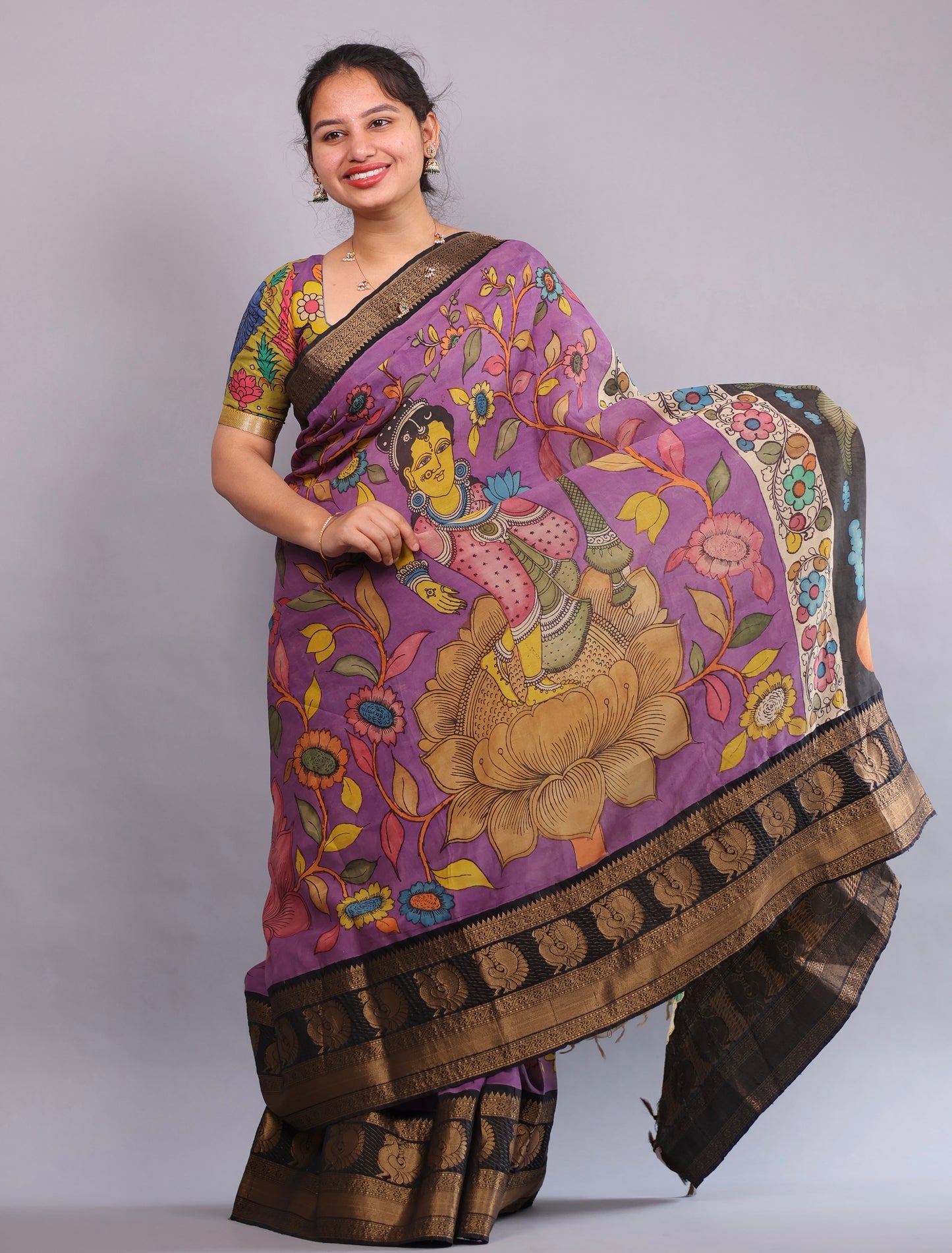 Lavender Hand Painted Pen Kalamkari Silk Saree