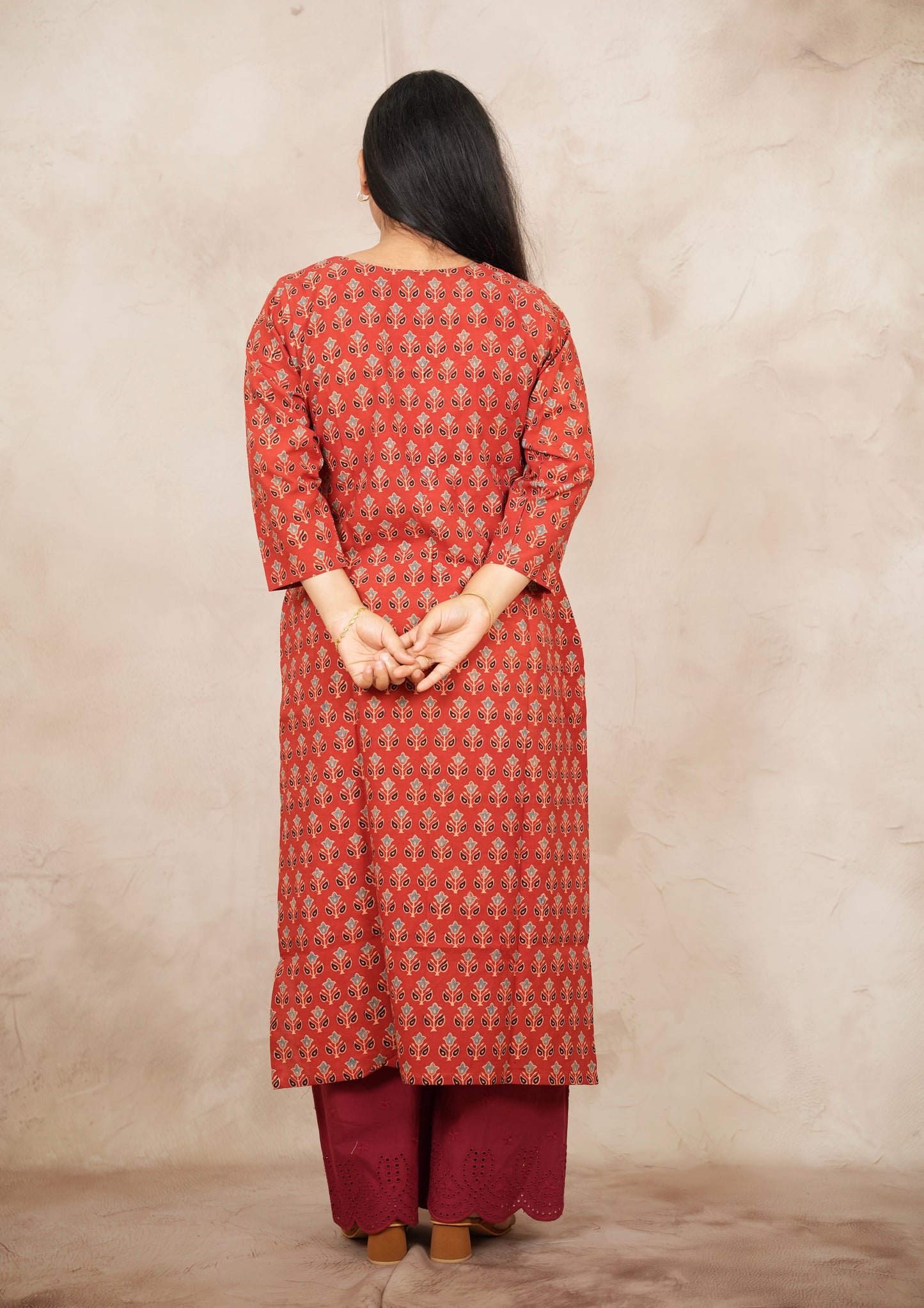 Red Ajrakh Pattern Hand Block printed Kurti | Looms & Tassels