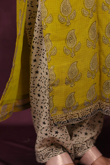 Yellow Handblock printed kota 3 piece suit (stitched)