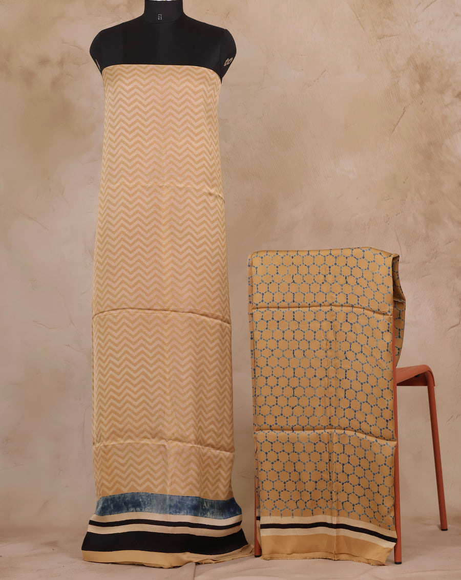 Cream Ajrakh Hand Block Printed Natural Dyed Modal Silk 2 Piece Suit Set | Looms & Tassels