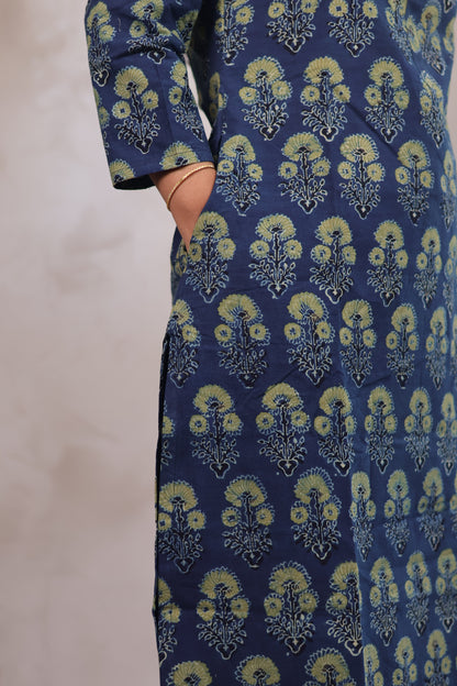 Indigo Ajrakh Hand Block Printed Kurti | Looms & Tassels