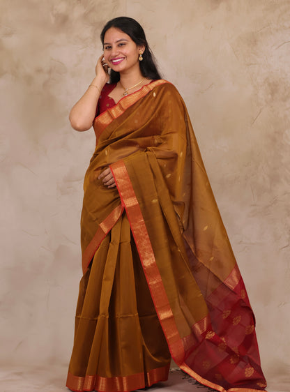 Mustard Handloom Maheswari Silk Cotton Sarees | Looms & Tassels