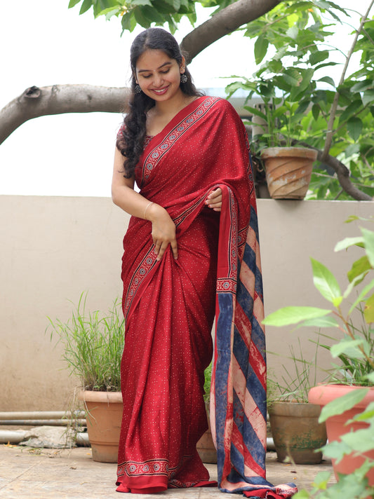 Red Ajrakh Modal Silk Saree