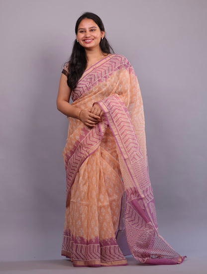 Pure Kota Doria Saree with Bagru Handblock Prints – Peach | Looms&Tassels