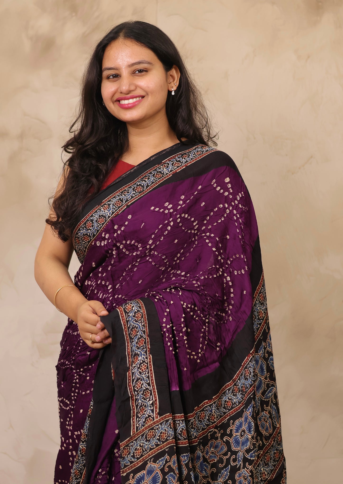 Jamun Hand Knotted Bandhej Arakh Modal Silk Saree with Lagdi Pallu | Looms & Tassels