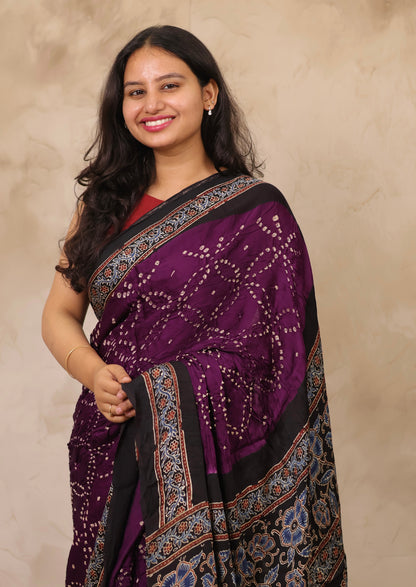 Jamun Hand Knotted Bandhej Arakh Modal Silk Saree with Lagdi Pallu | Looms & Tassels