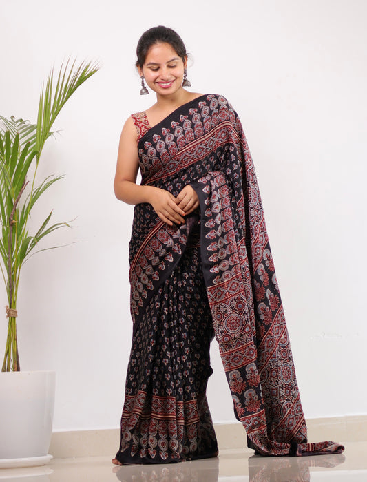 Black Ajrakh Modal Silk Saree