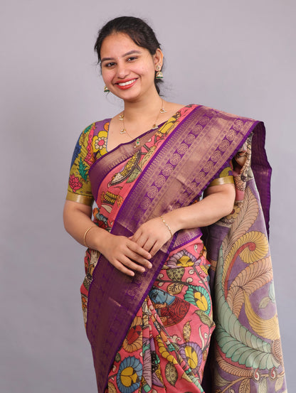 Pink Hand Painted Pen Kalamkari Silk Saree