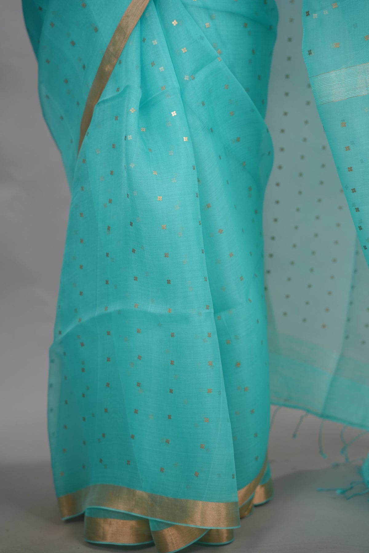 Ice Blue Handwoven Muslin Silk Saree With Sequence Work | Looms & Tassels