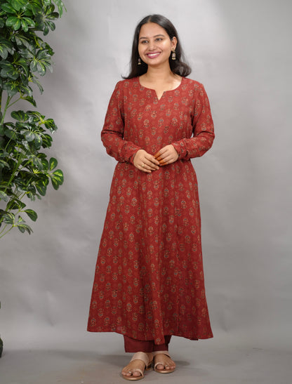 Rust Maroon Ajrakh Handblock Printed Kali Kurta with Chudi Sleeves