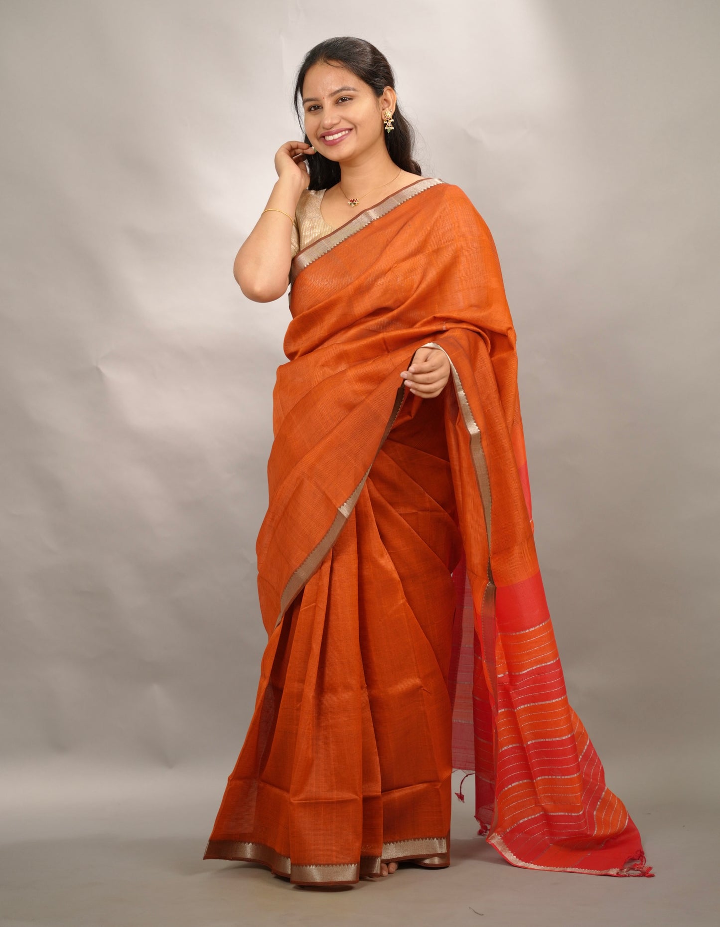 Rust Handloom Mangalagiri Silk Saree| Looms & Tassels
