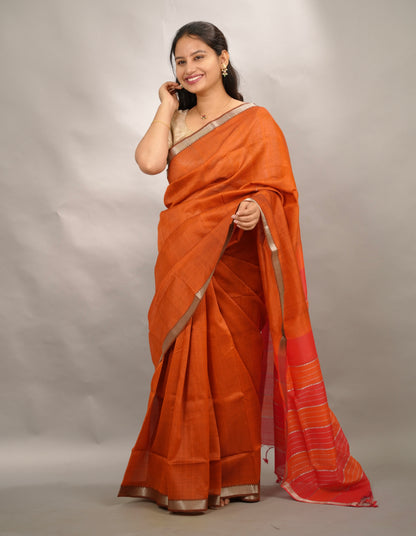 Rust Handloom Mangalagiri Silk Saree| Looms & Tassels