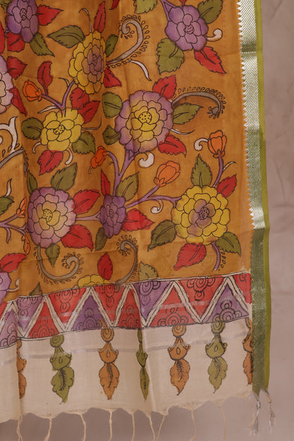 Mustard Pen Kalamkari Mangalagiri silk Dupatta