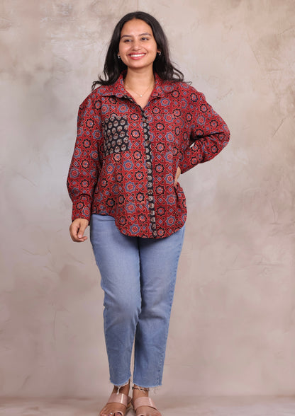 Red Ajrakh Handblock Printed Patch Work Shirt (Pure Cotton ) | Looms & Tassels