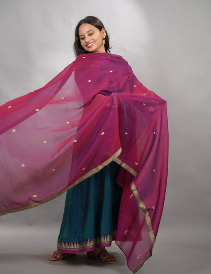 Rama Blue Narayanpet Cotton Anarkali Dress with Magenta Narayanpet Dupatta | Looms & Tassels