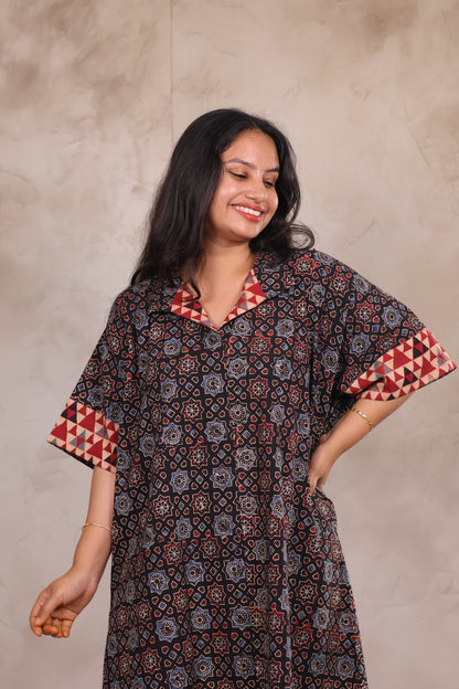 Black Ajrakh Handblock Printed Cotton Kaftan shirt dress – Elegant & Breathable Ethnic Wear | Looms & Tassels