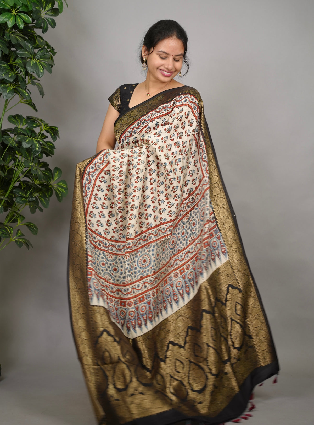 Cream Ajrakh Handblock printed Dola Silk Saree| Looms & Tassels