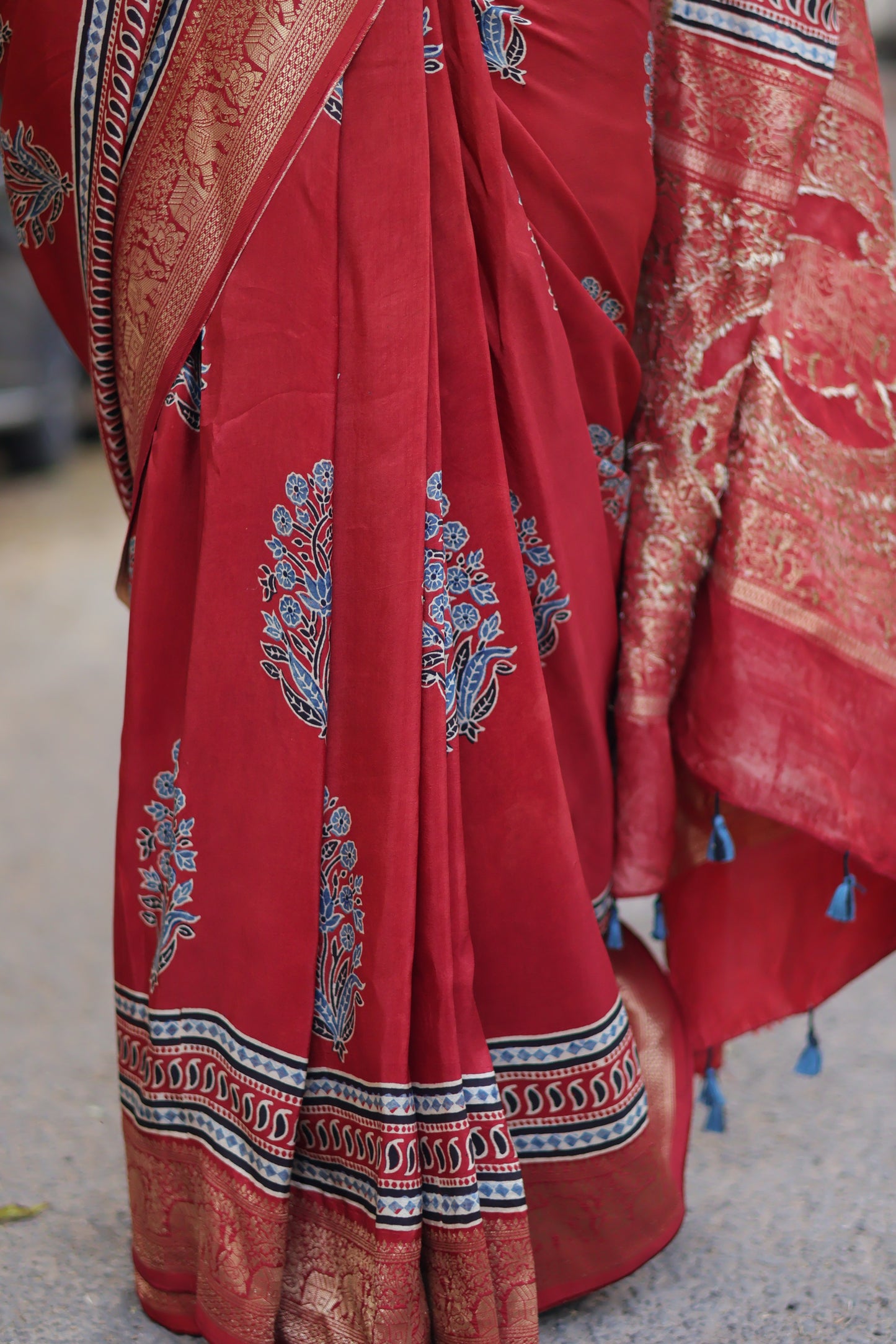 Red Ajrakh Dola Silk Saree