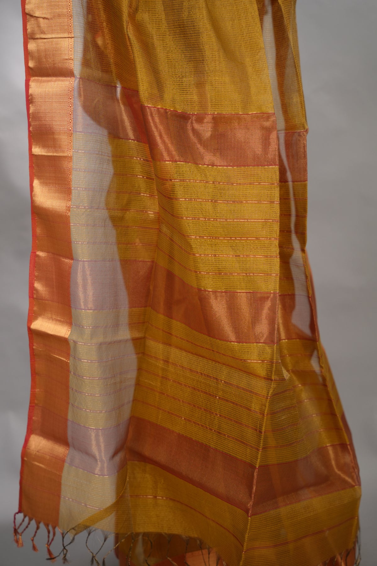 Mustard Yellow Checks Handloom Maheswari Tissue Silk Cotton Sarees | Looms & Tassels