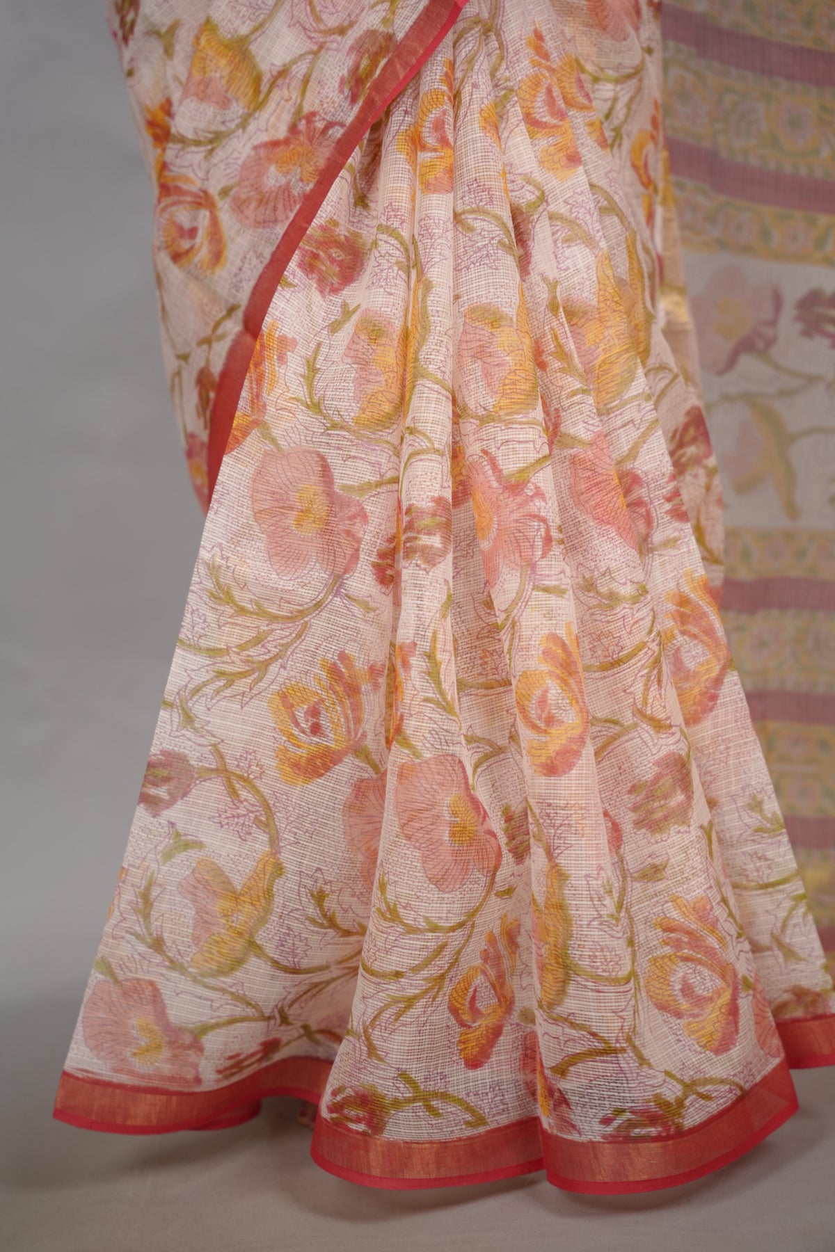 Off white Pure Kota Doria Saree with Bagru Handblock Prints