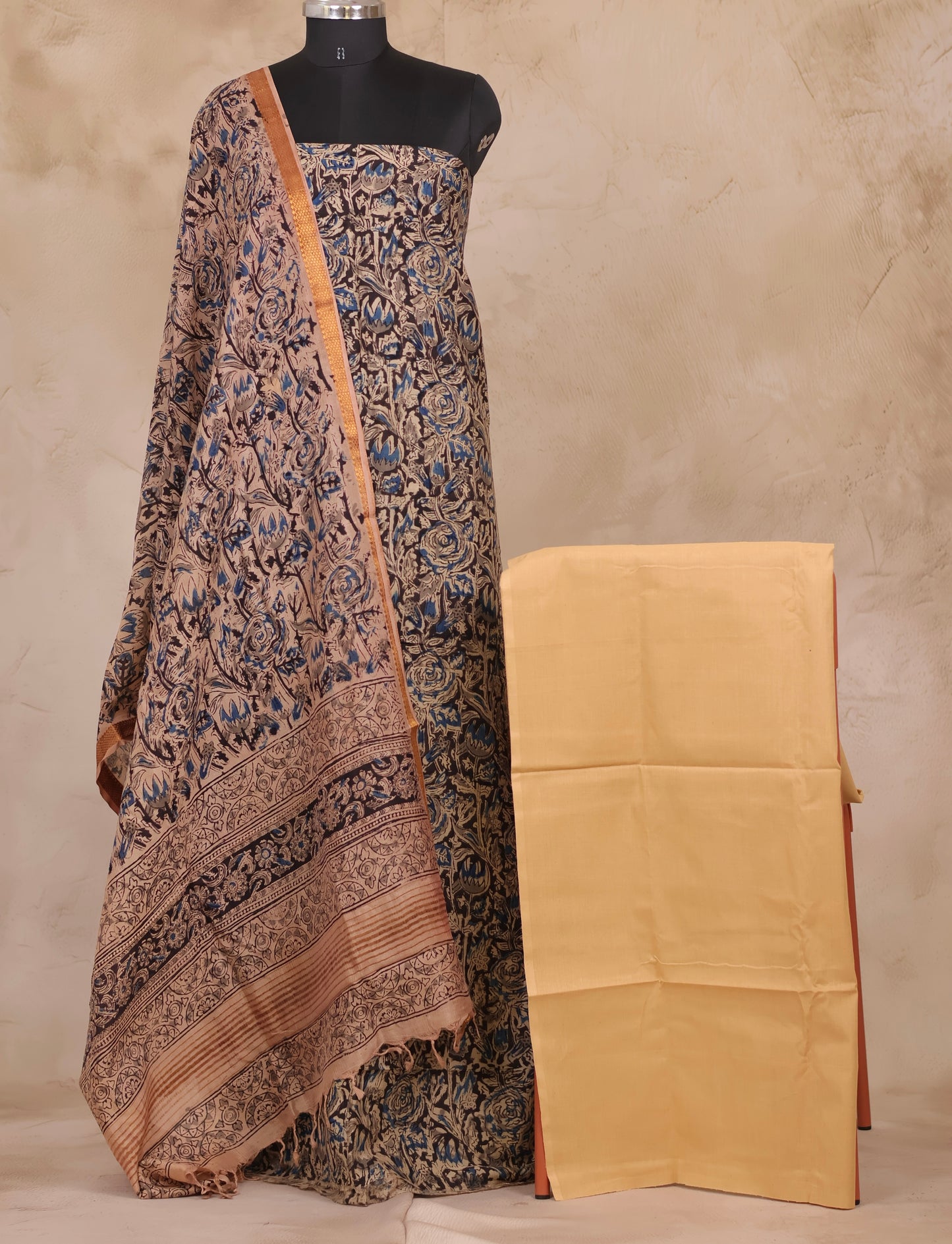 Hand Block Printed Kalamkari Unstitched 3pc Suit Set