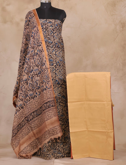 Hand Block Printed Kalamkari Unstitched 3pc Suit Set