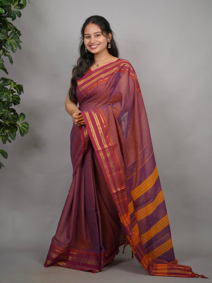 Dual Tone Checks Narayanpet Cotton Saree with Traditional contrast Border | Looms & Tassels