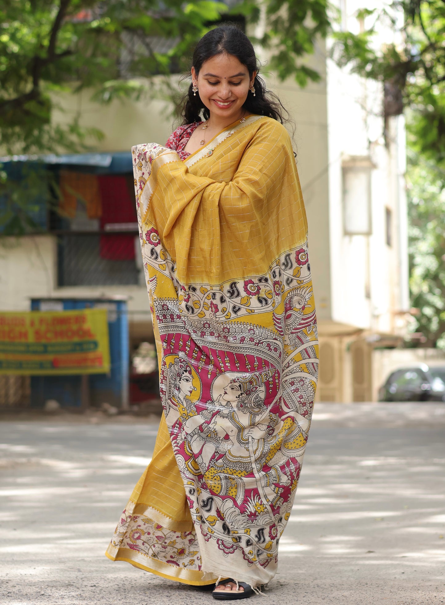 Golden Yellow Checks Kalamkari dyeing premium chennur silk saree