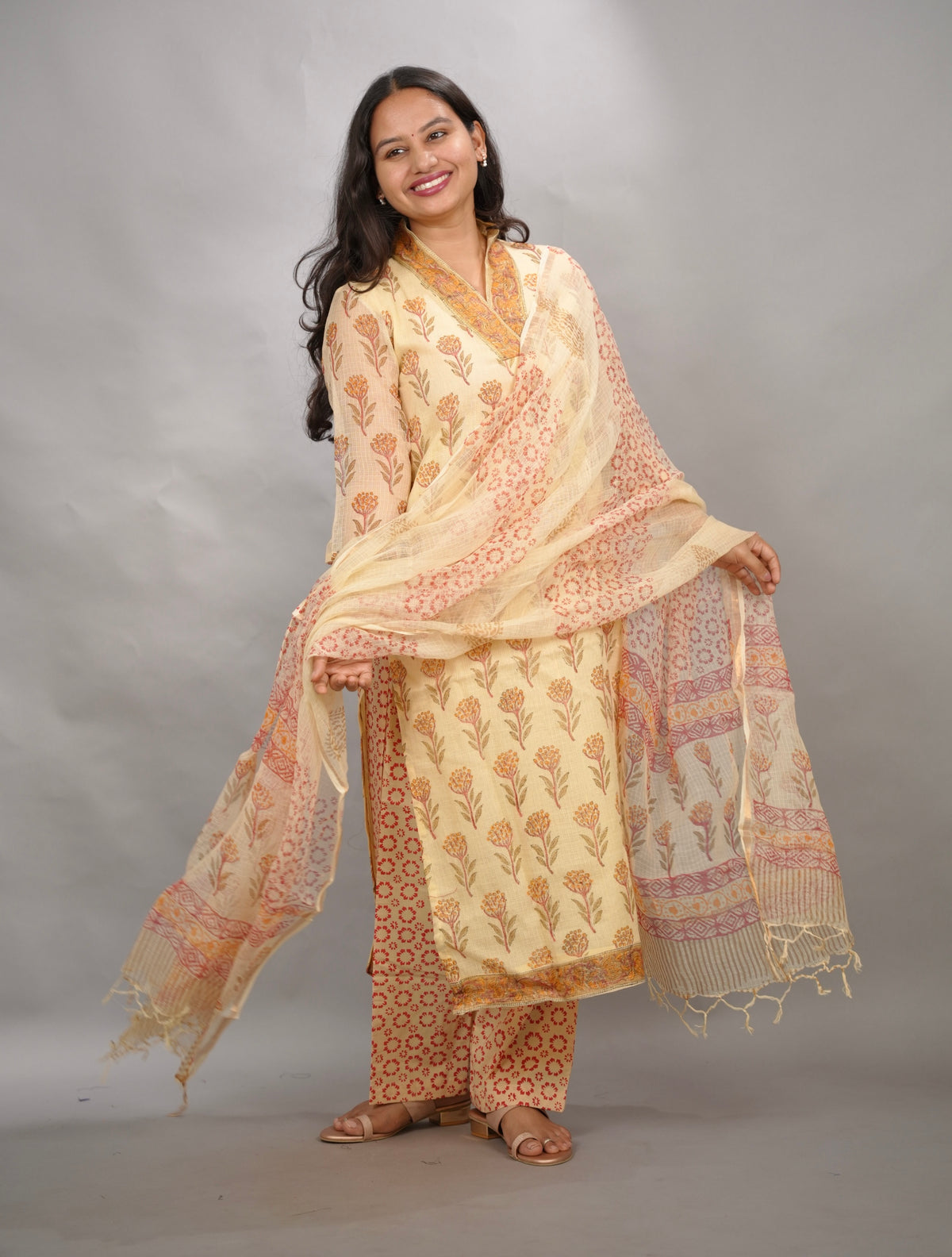 Cream Handblock printed kota 3 piece suit (stitched)| Looms & Tassels