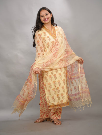 Cream Handblock printed kota 3 piece suit (stitched)| Looms & Tassels