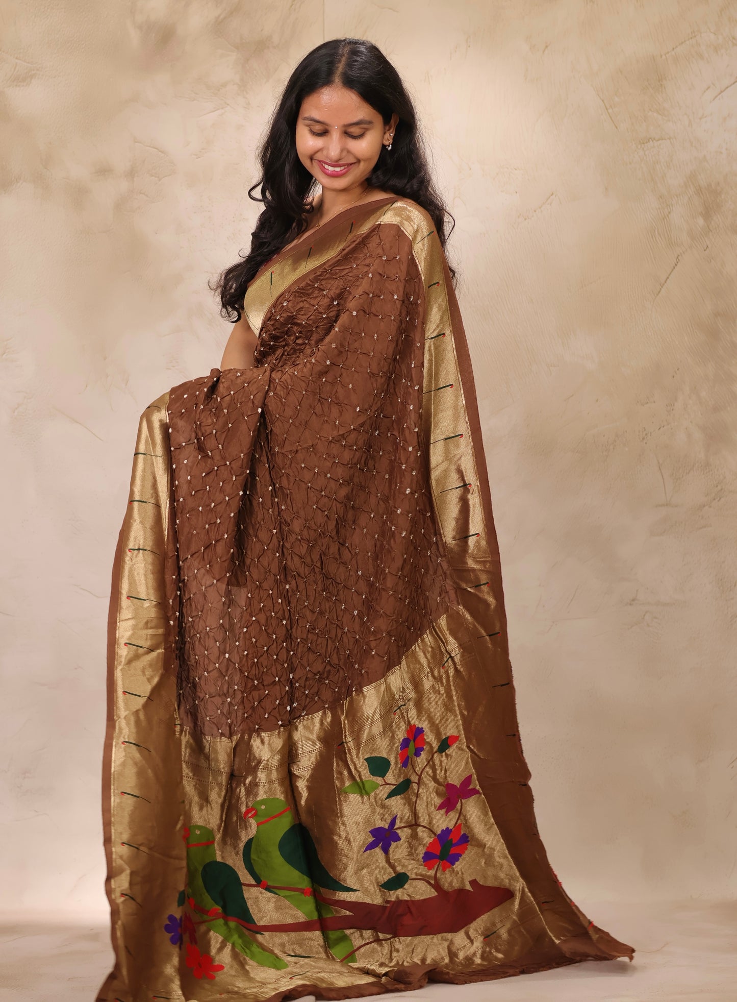Brown Handcrafted Bandhani Paithani Dola Silk Saree | Looms & Tassels