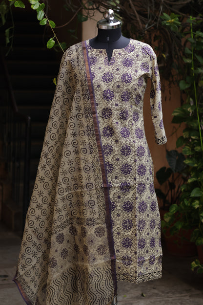 Cream Handblock printed Pure Mul Cotton with Kota Doria Duppata 3 piece suit (stitched)