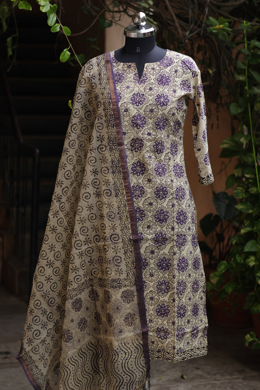 Cream Handblock printed Pure Mul Cotton with Kota Doria Duppata 3 piece suit (stitched)