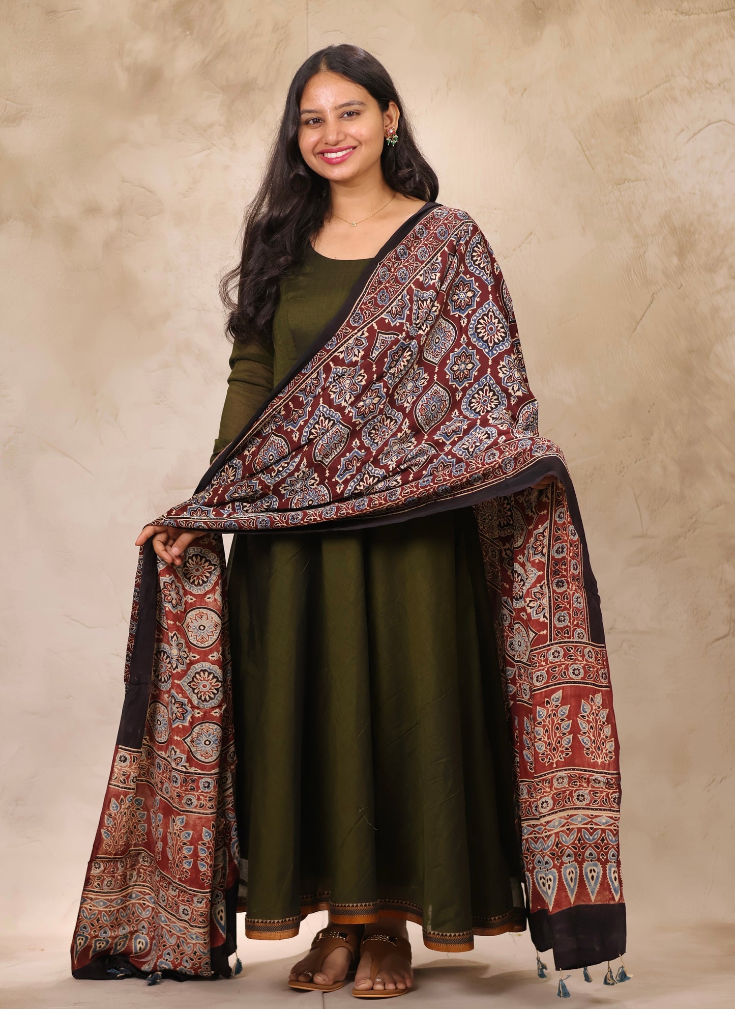 Mehandi Green Narayanpet Cotton Anarkali Dress with Ajrakh Modal Silk Dupatta | Looms & Tassels
