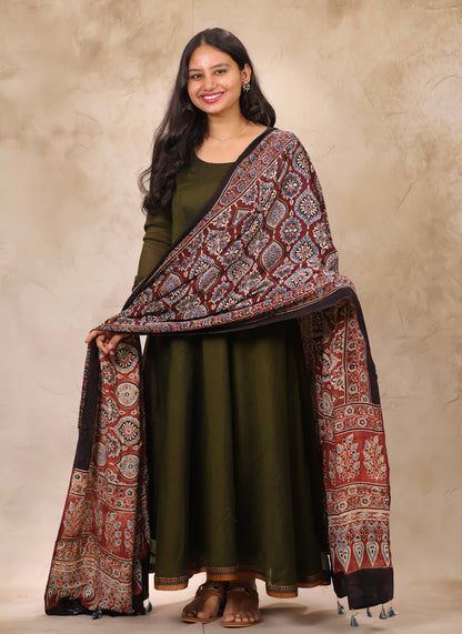 Mehandi Green Narayanpet Cotton Anarkali Dress with Ajrakh Modal Silk Dupatta | Looms & Tassels