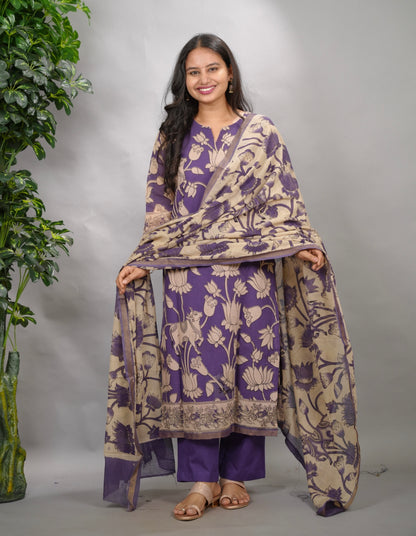 Purple Kalamkari Kota Cotton 3 piece suit (stitched) | Looms & Tassels